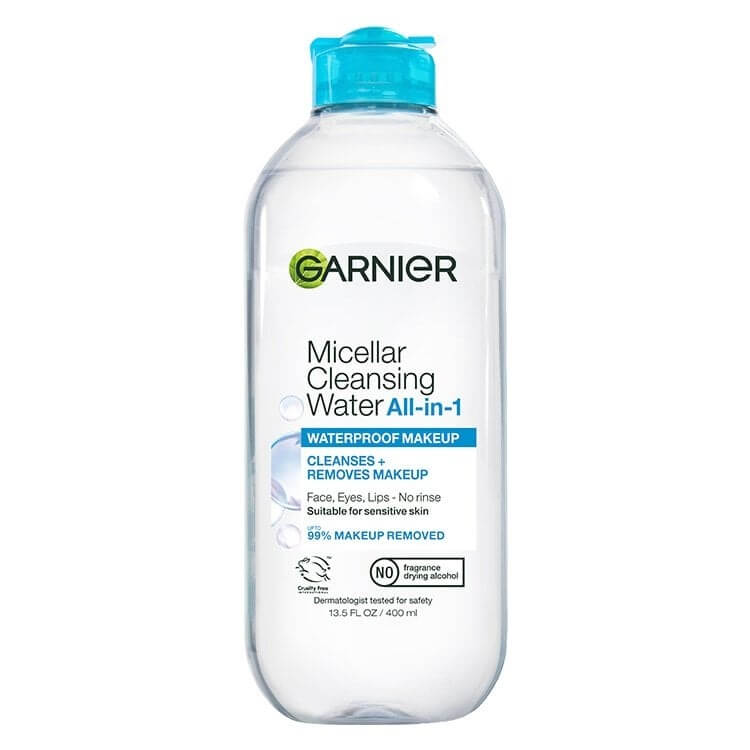 Garnier SkinActive Waterproof Micellar Cleansing Water bottle with blue cap and logo