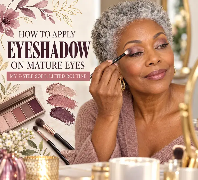 Learn how to apply eyeshadow on mature, crepey or hooded eyes with a simple 7-step routine for soft color, smooth blending and a lifted look.
