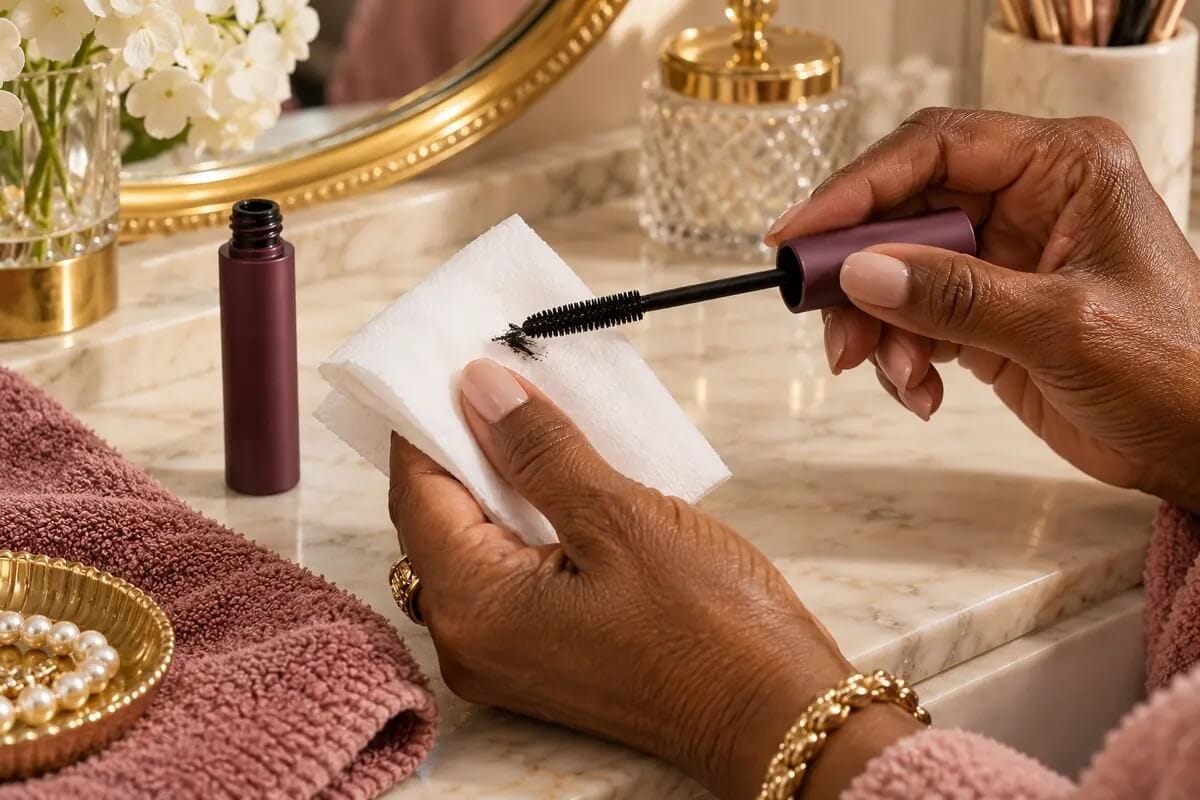 Mature hands removing one blob of excess mascara from a wand with a folded tissue