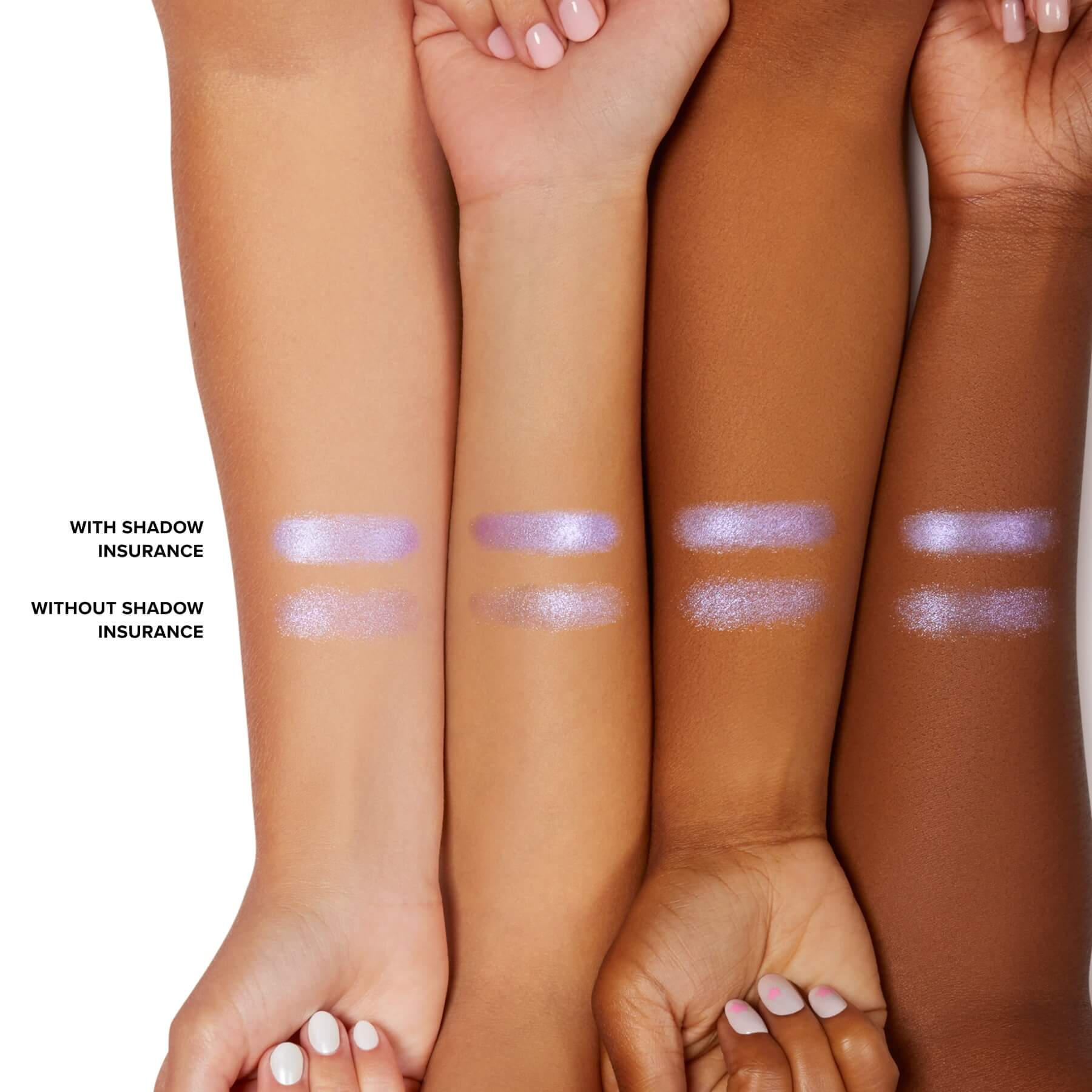 Purple eyeshadow swatches with and without Too Faced Shadow Insurance on three skin tones