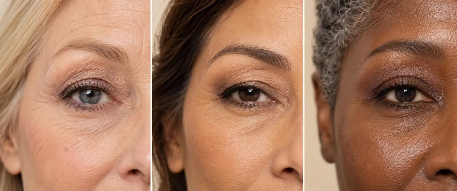 Three women over 50 showing dry, hooded and deeper-toned mature eyelids with different primer needs