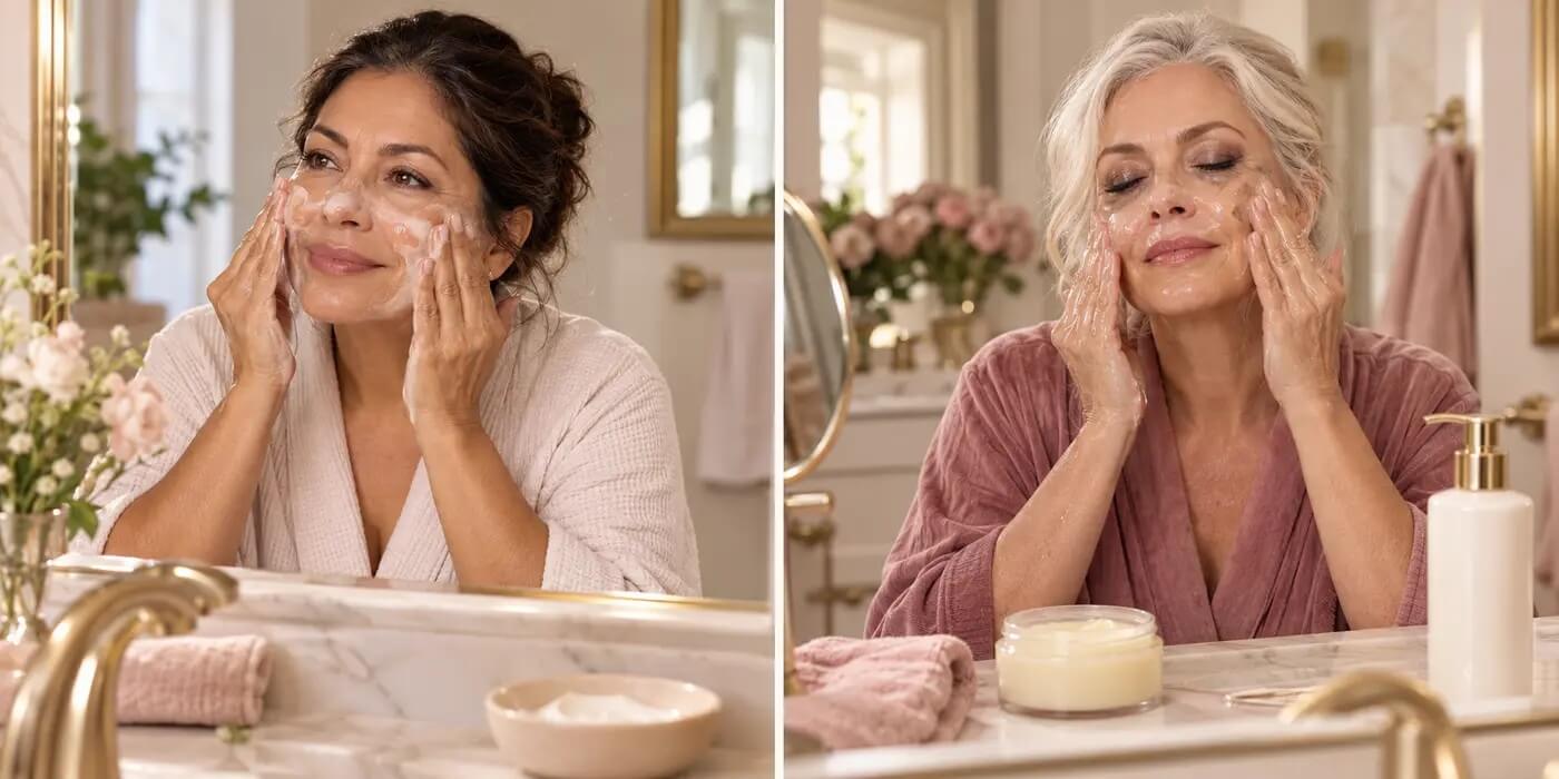 Two women over 55 demonstrating a simple cleanse for light makeup and a balm-first cleanse for long-wear makeup