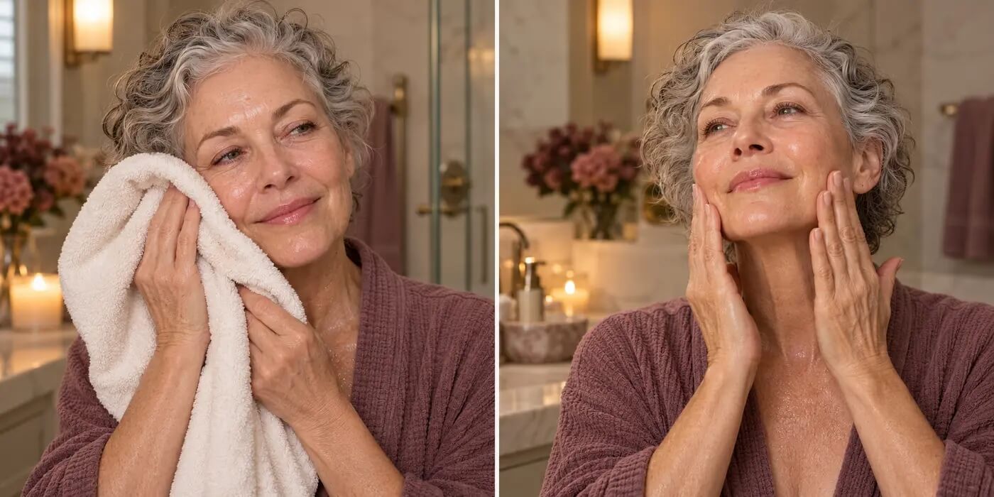 Woman over 50 patting mature skin dry before applying moisturizer after makeup removal