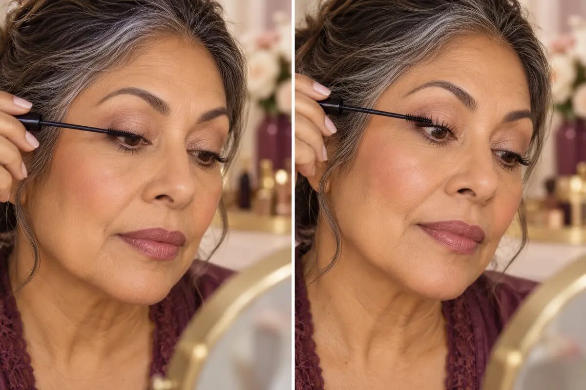 Woman over 50 placing mascara at the upper lash roots and sweeping upward and outward