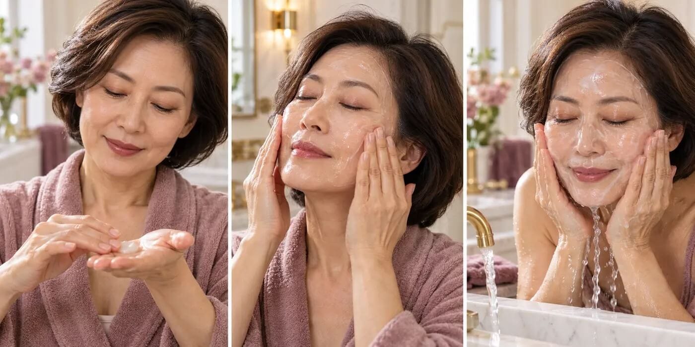 Woman over 55 warming cleansing balm massaging it on dry skin and adding water until it turns milky